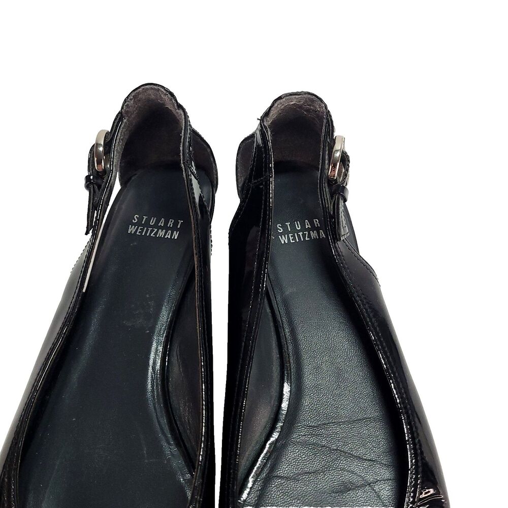 stuart weitzman Chit Chat Patent Leather Flats 8.5 Black Sling Back Peep Toe - Picture 8 of 14